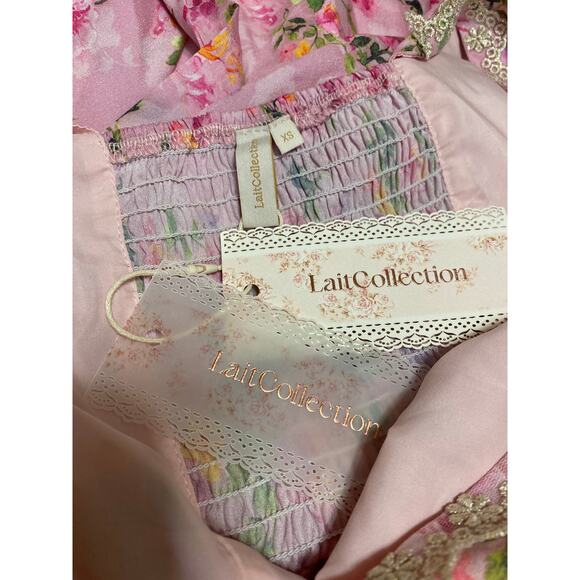 NEW Lait Collection Pink Floral Puff Sleeve Ruffle Lace  A Line Maxi Dress XS - Picture 6 of 6